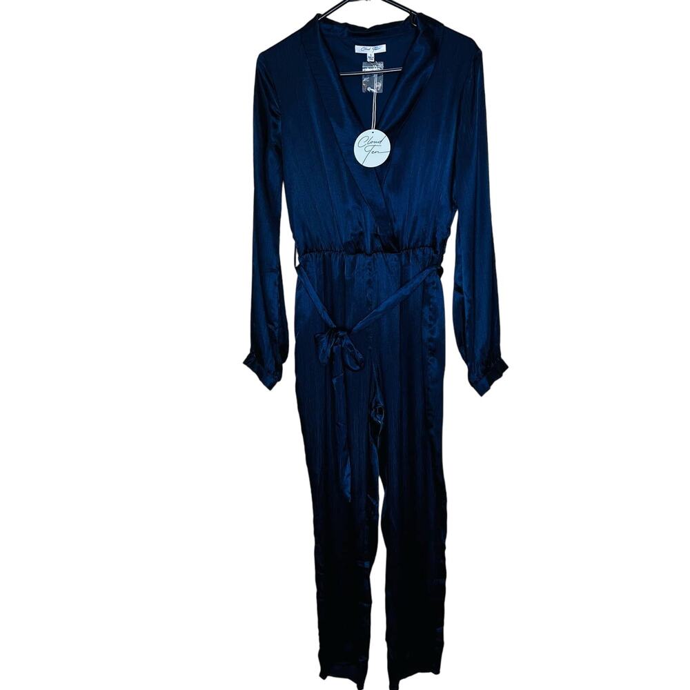 Cloud Ten Jumpsuit Small Womens Straight Navy Belted Long Sleeve Satin Collared